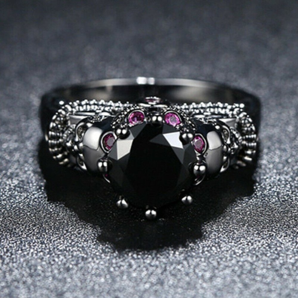 Gothic Blk Gold, Black Sapphire & Ruby Skulls Ring - Picture 2 of 3